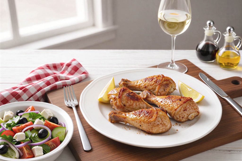 Baked chicken drumsticks with lemon slices served with mixed salad