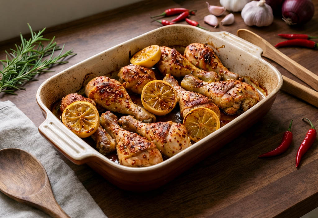 Baked chicken drumsticks with lemon slices ready to serve