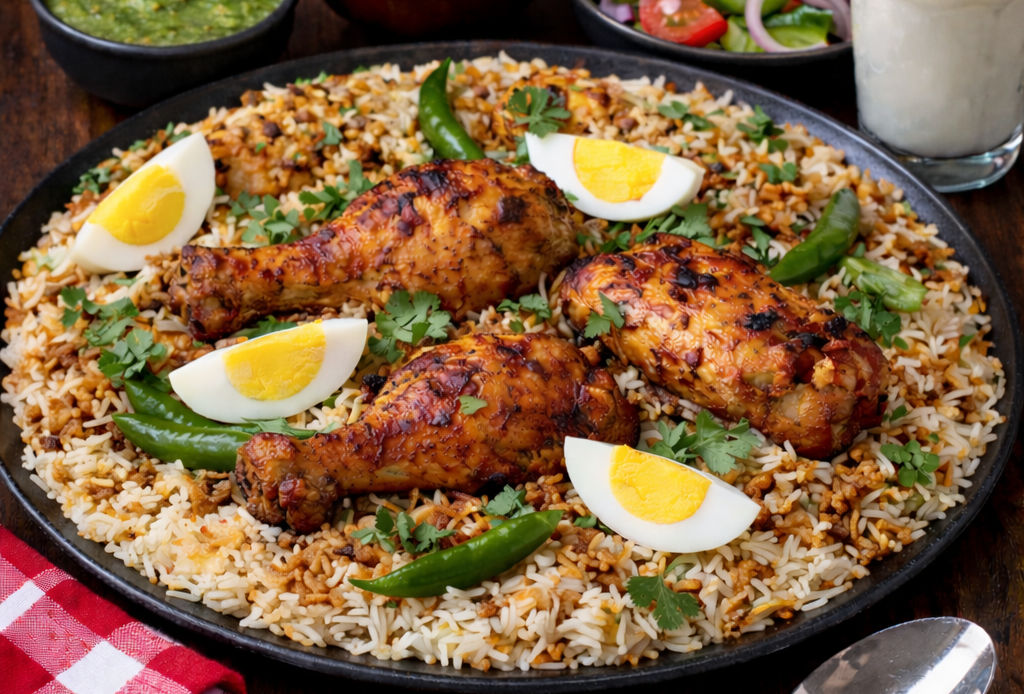 Chicken tikka biryani with gravy soaked basmati rice, drumsticks, egg quarters and green chillies served with chutney, raita and lassi.