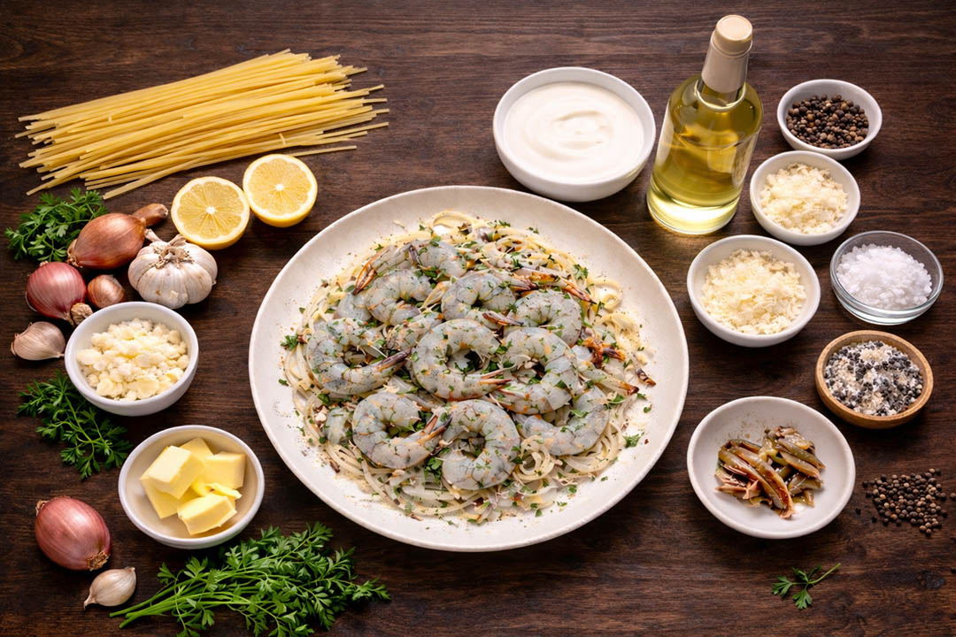 Creamy Anchovy & Garlic Butter Prawn Pasta