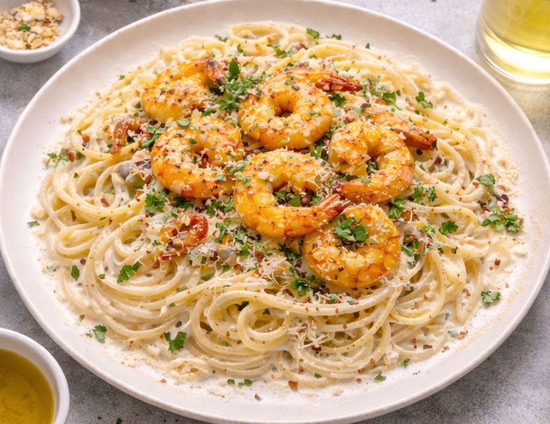 Restaurant style creamy prawn pasta plated with parsley garnish.