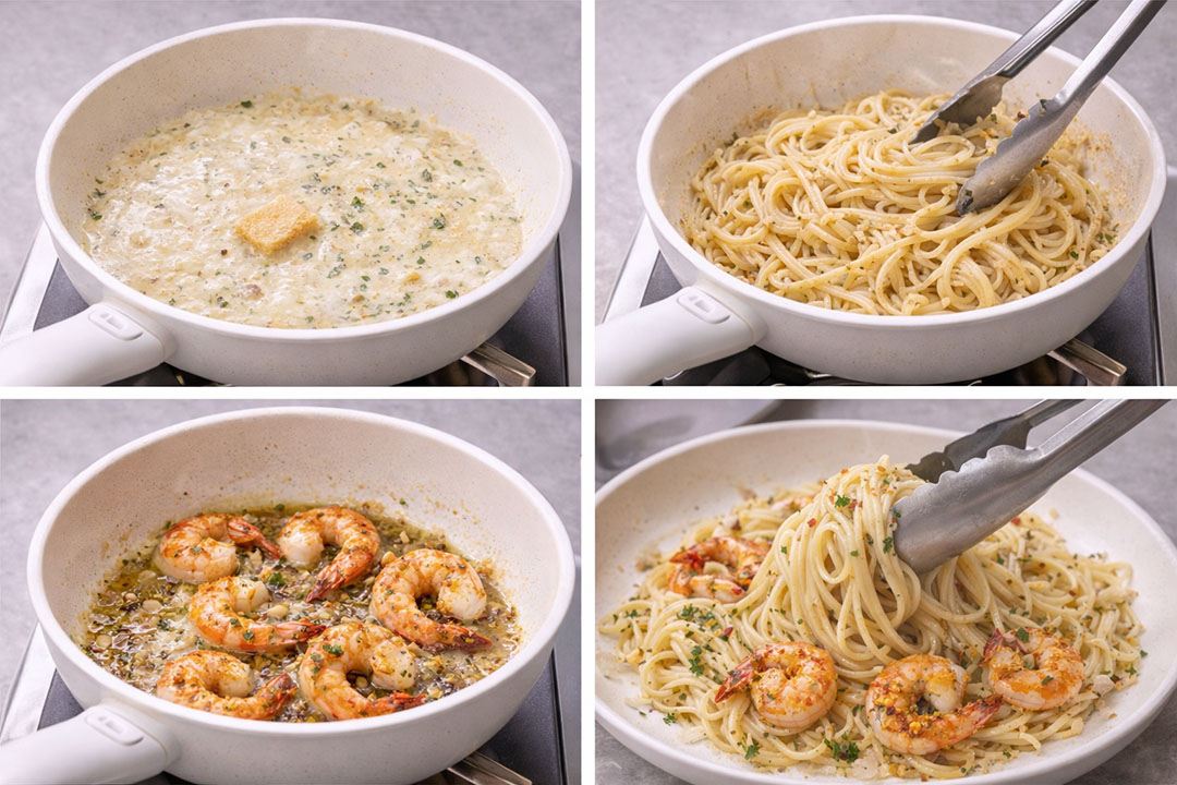 Cooking stages of creamy garlic butter prawn pasta — saquibahmed.com