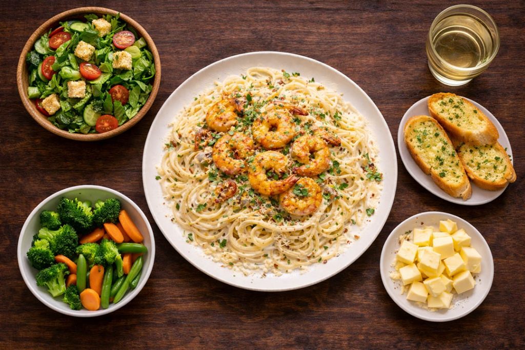 Creamy garlic prawn pasta top view with salad and garlic bread — saquibahmed.com