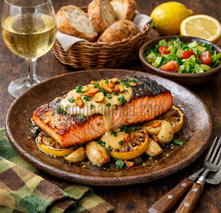 Crispy skin pan fried salmon topped with creamy sauce and fried garlic, served on charred lemon slices and roasted garlic on a brown stone platter with white wine and salad.