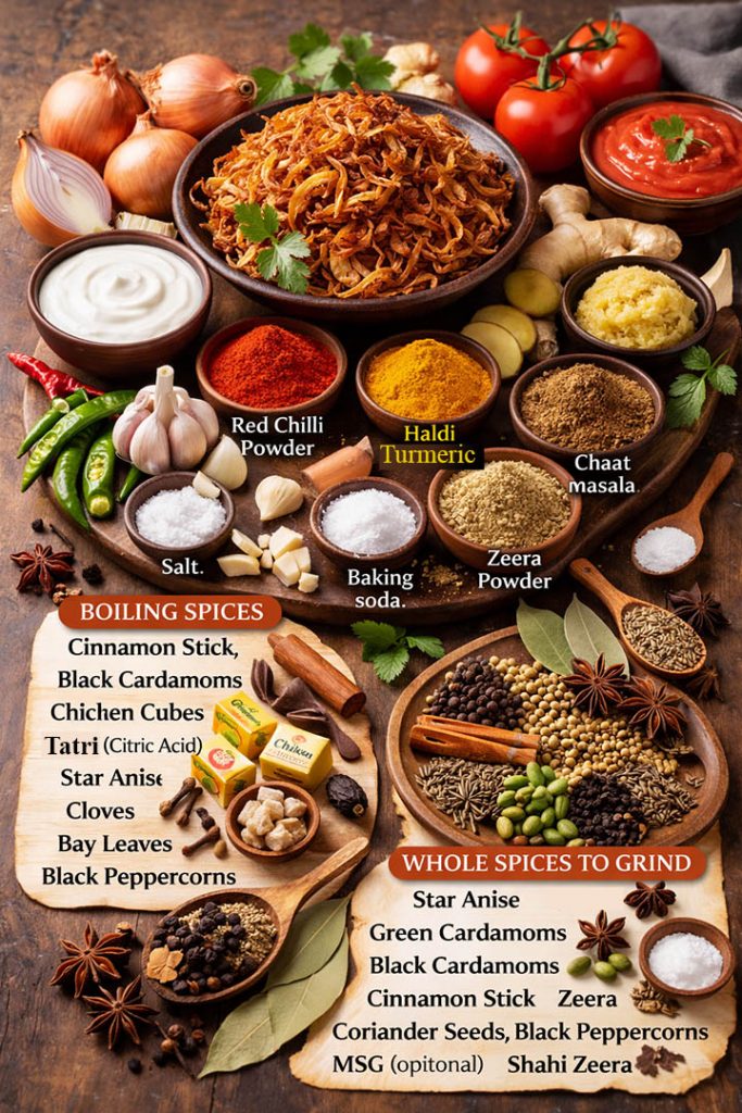 Assorted traditional haleem spices including whole and ground spices, seeds, chillies, and aromatics on a wooden surface.