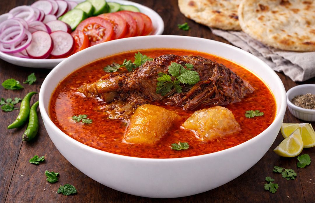 Lahori bong paya beef trotters in rich spiced gravy with red oil layer, mint garnish, naan, salad, and lemon on saquibahmed.om