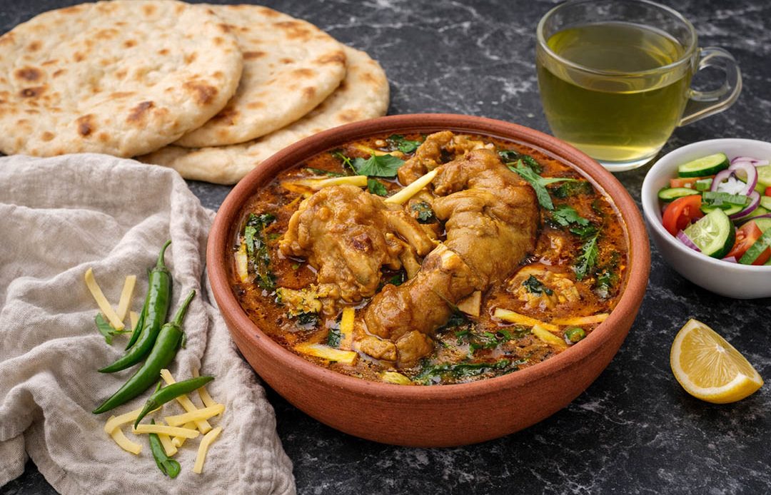 Lahori paya beef trotters curry in terracotta bowl served with naan, salad, green tea, and lemon on black marble background
