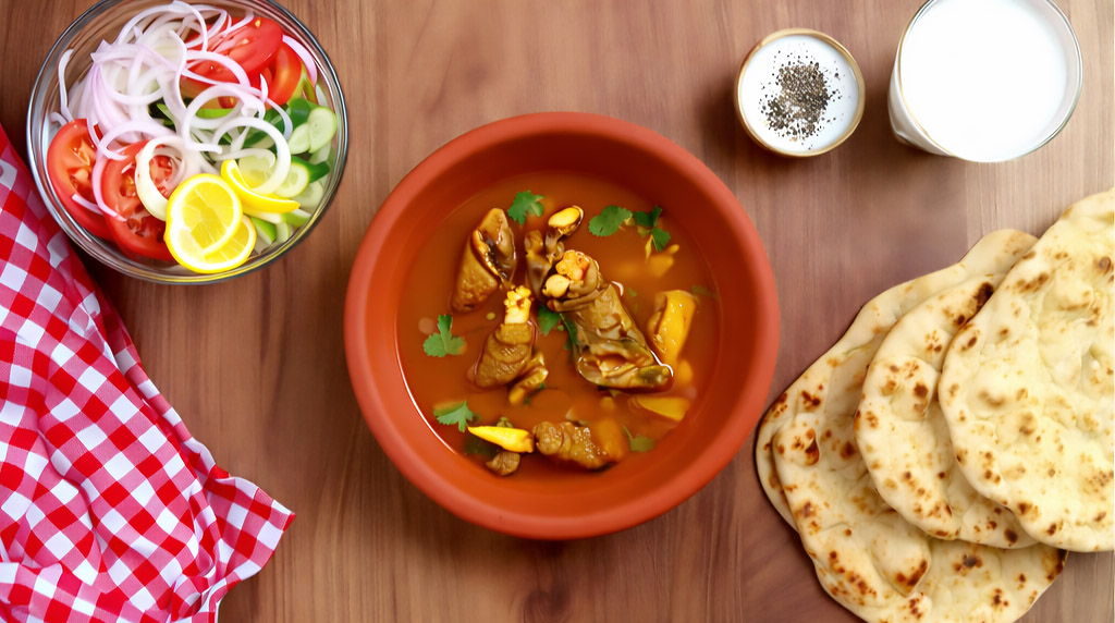 Traditional lamb paya curry with tender lamb trotters served with naan bread, fresh salad and lassi