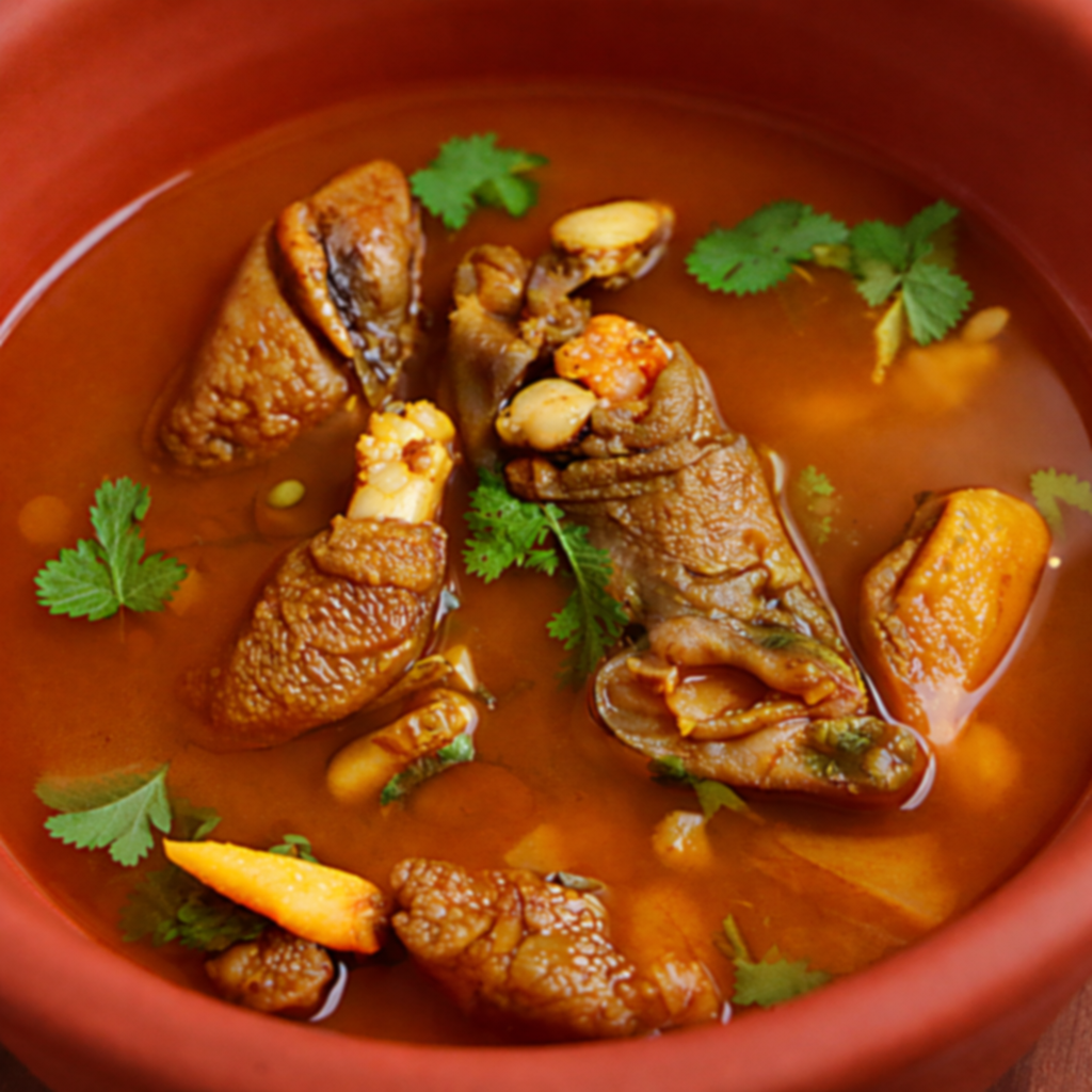 Close-up lamb paya curry showing tender lamb trotters in rich gelatinous broth at 45 degree angle
