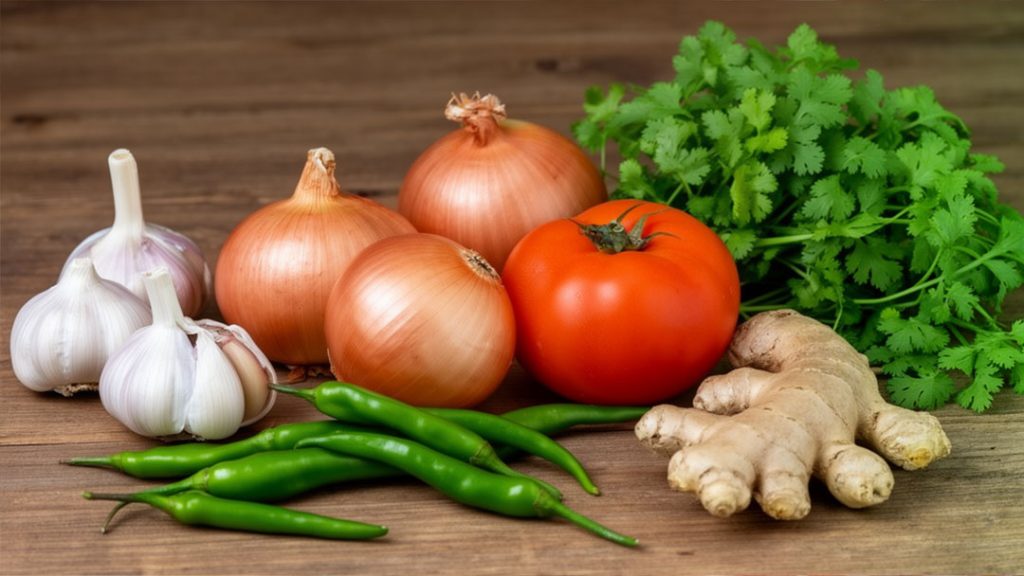 Close-up lamb paya vegetable ingredients at 45 degree angle