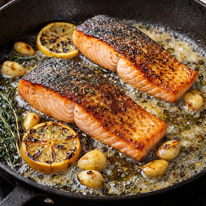 Two salmon steaks frying in butter with garlic and charred lemon slices in a cast iron pan with rosemary and thyme on one side.