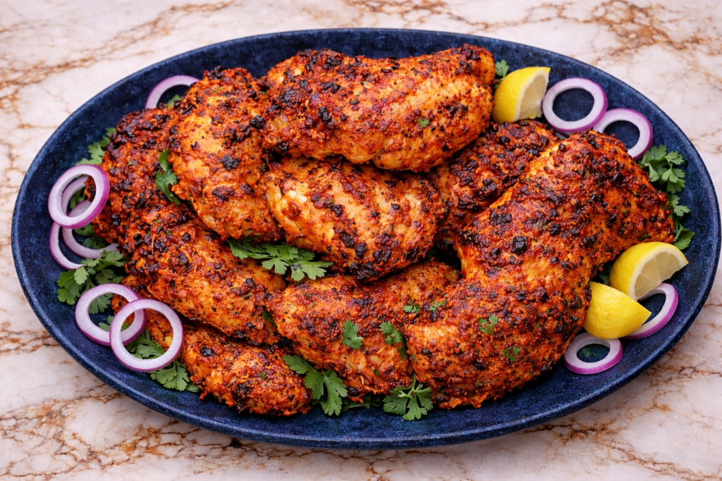 Tandoori chicken tikka on dark blue stone platter with sliced onions and lemon on marble background.