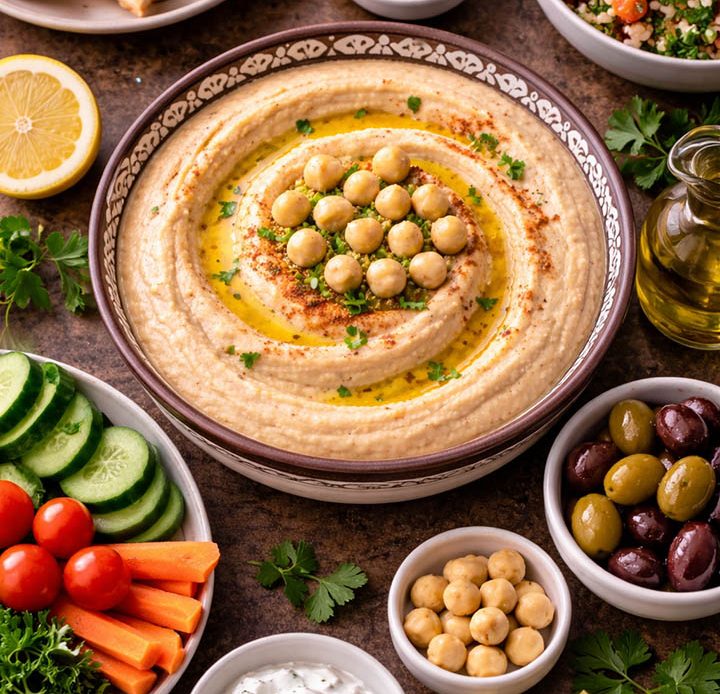 Authentic Palestinian Lebanese hummus topped with olive oil and whole chickpeas, served with pita bread, olives, fresh vegetables, and mezze sides.