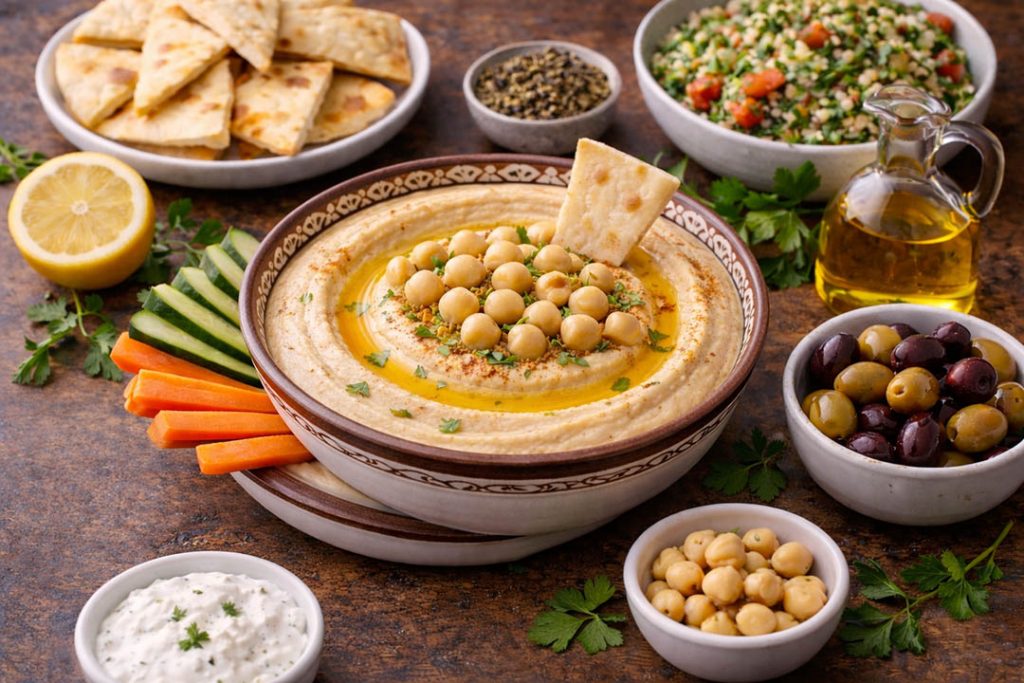 Authentic Palestinian Lebanese hummus topped with olive oil and whole chickpeas, served with pita bread, olives, vegetables, and traditional mezze.