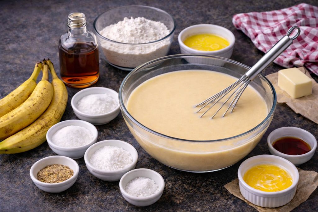 Banana pancake batter with ingredients including bananas, flour, eggs, butter and maple syrup