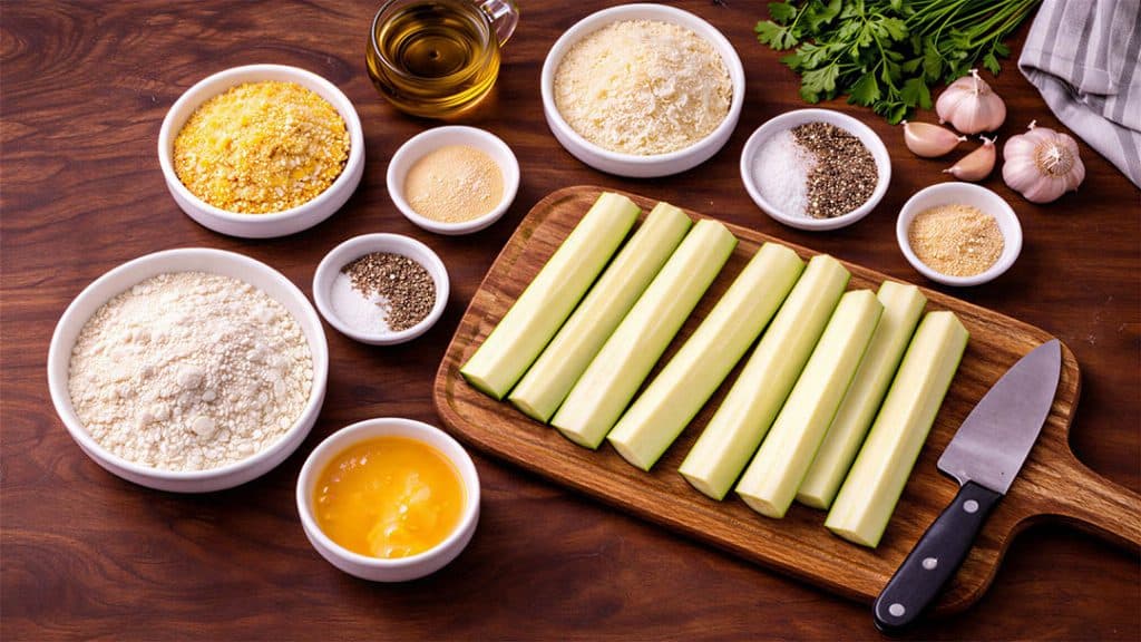 Ingredients for crispy parmesan garlic courgette zucchini sticks on a walnut worktop with chopped courgette batons
