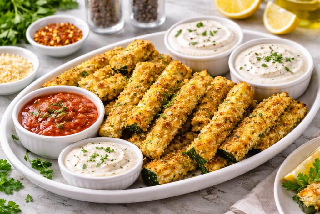Crispy parmesan garlic courgette zucchini sticks served with salsa and garlic mayo dipping sauces