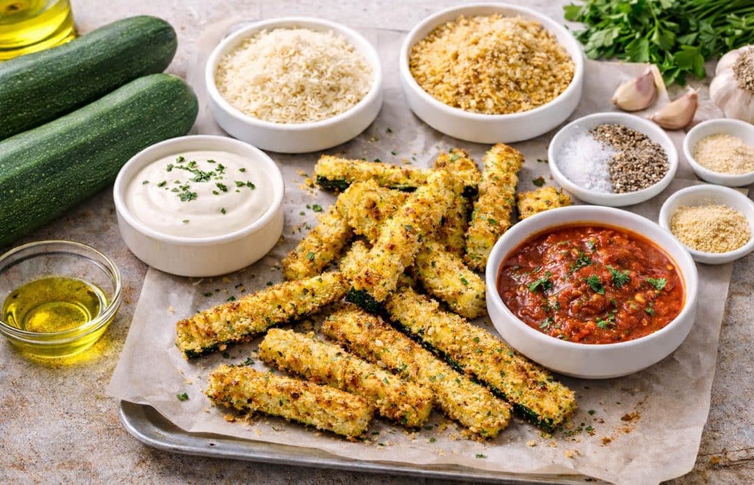 Crispy parmesan garlic courgette zucchini sticks served with marinara and garlic mayo dipping sauces