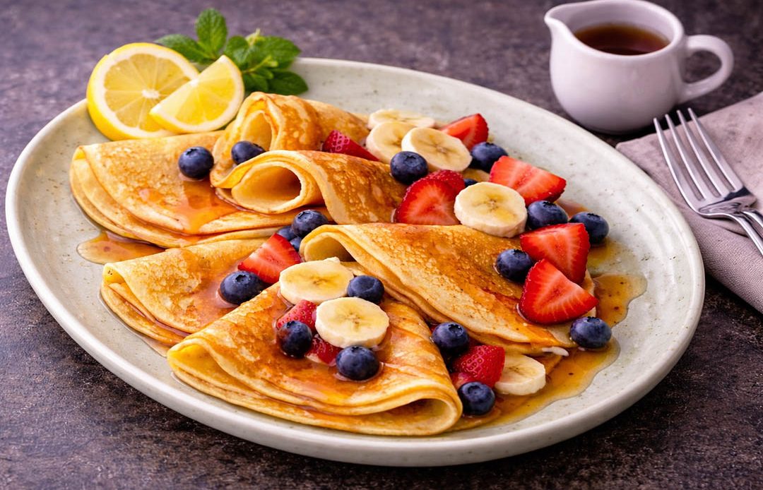 Pancakes with berries and maple syrup served for breakfast — saquibahmed.com