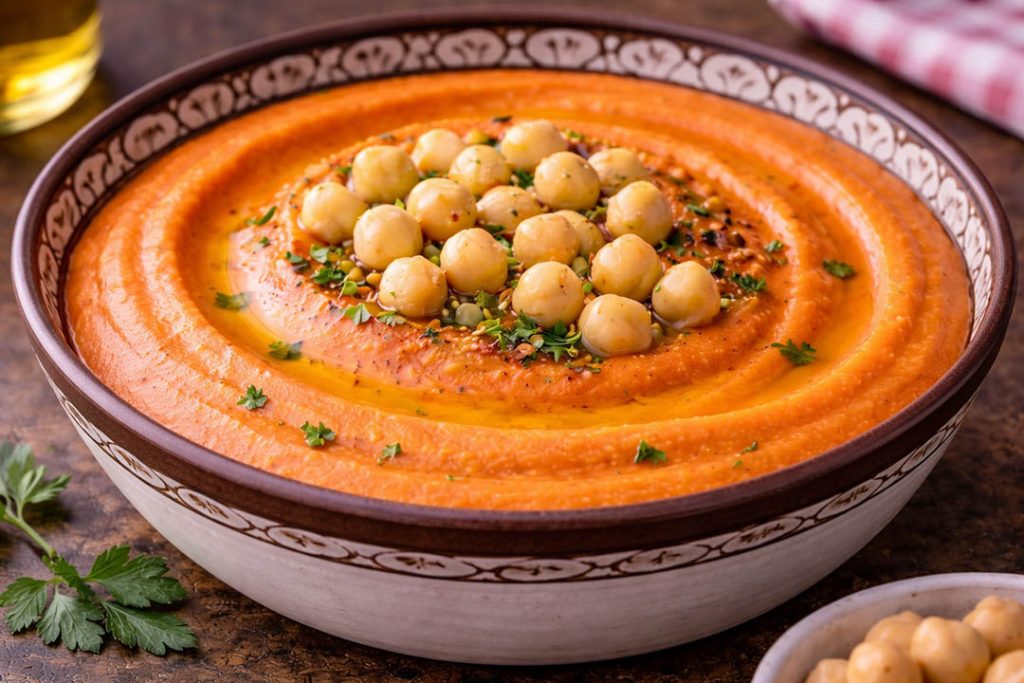 Creamy roasted red pepper hummus topped with chickpeas and olive oil in a ceramic bowl