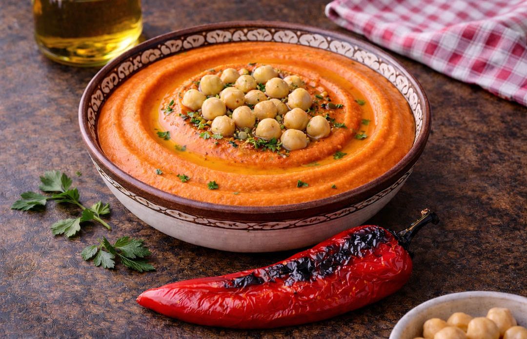 Roasted red pepper hummus topped with chickpeas and olive oil served in a bowl