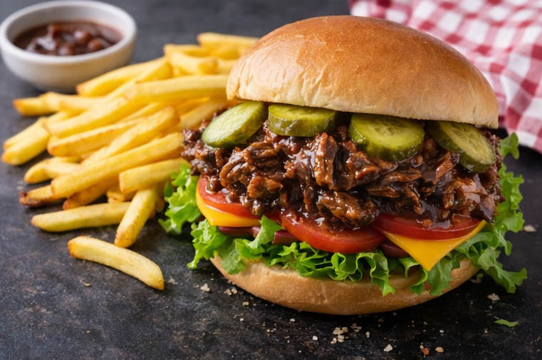 Smoky barbecue pulled beef sandwich with cheese, lettuce, tomato, gherkins and French fries on a plate.