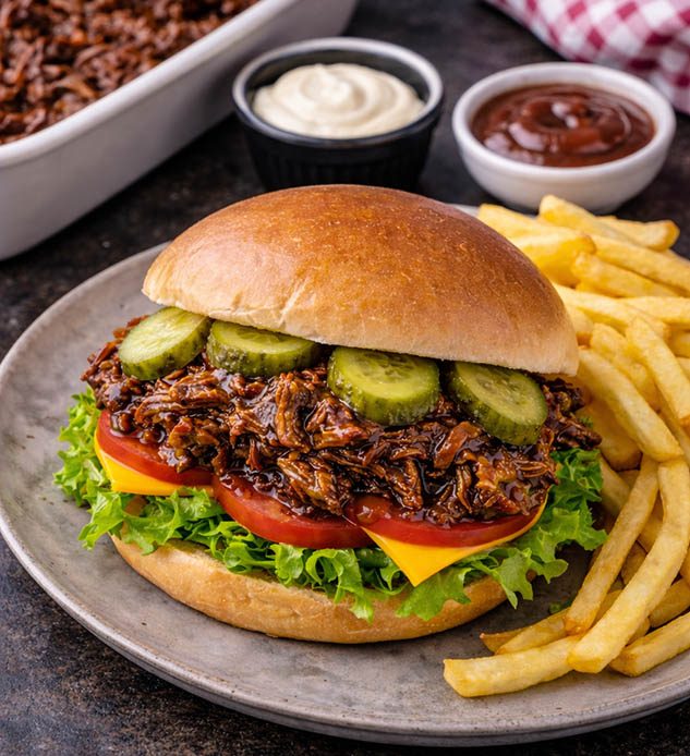 Smoky barbecue pulled beef sandwich with cheese, lettuce, tomato, gherkins and French fries on a plate.
