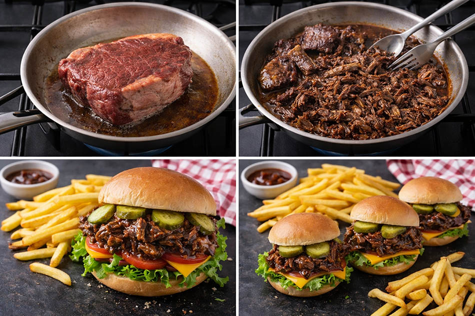 Step-by-step smoky barbecue pulled beef sandwich with fries, showing searing, shredding, and final burger assembly with cheese, lettuce, tomato and gherkins.