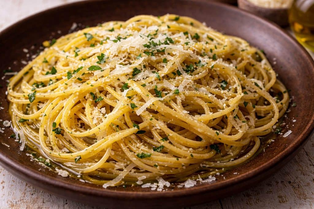 Close up of spaghetti aglio e olio pasta with extra virgin olive oil, chopped parsley and grated parmesan served in a deep brown ceramic plate on a rustic white wooden background.