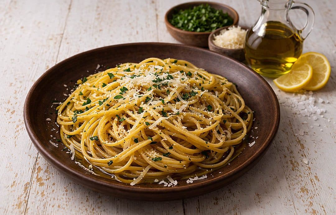 Ingredients for spaghetti aglio e olio including spaghetti, garlic, parsley, lemon, Parmesan cheese, sea salt and extra virgin olive oil on a rustic wooden table.